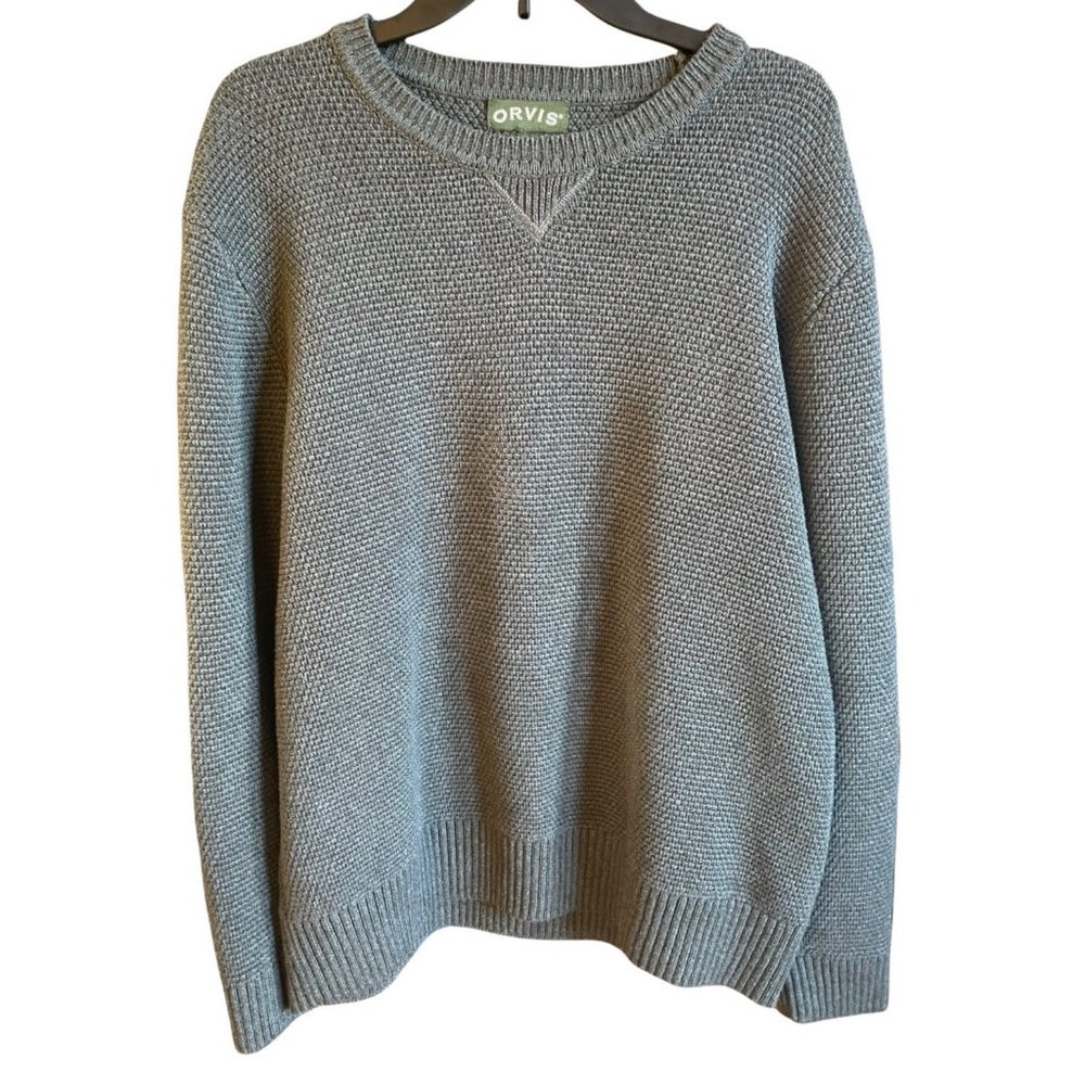 Orvis Sweater Mens L Grey Chunky Knit 100% Cotton Classic Crew Neck Pullover